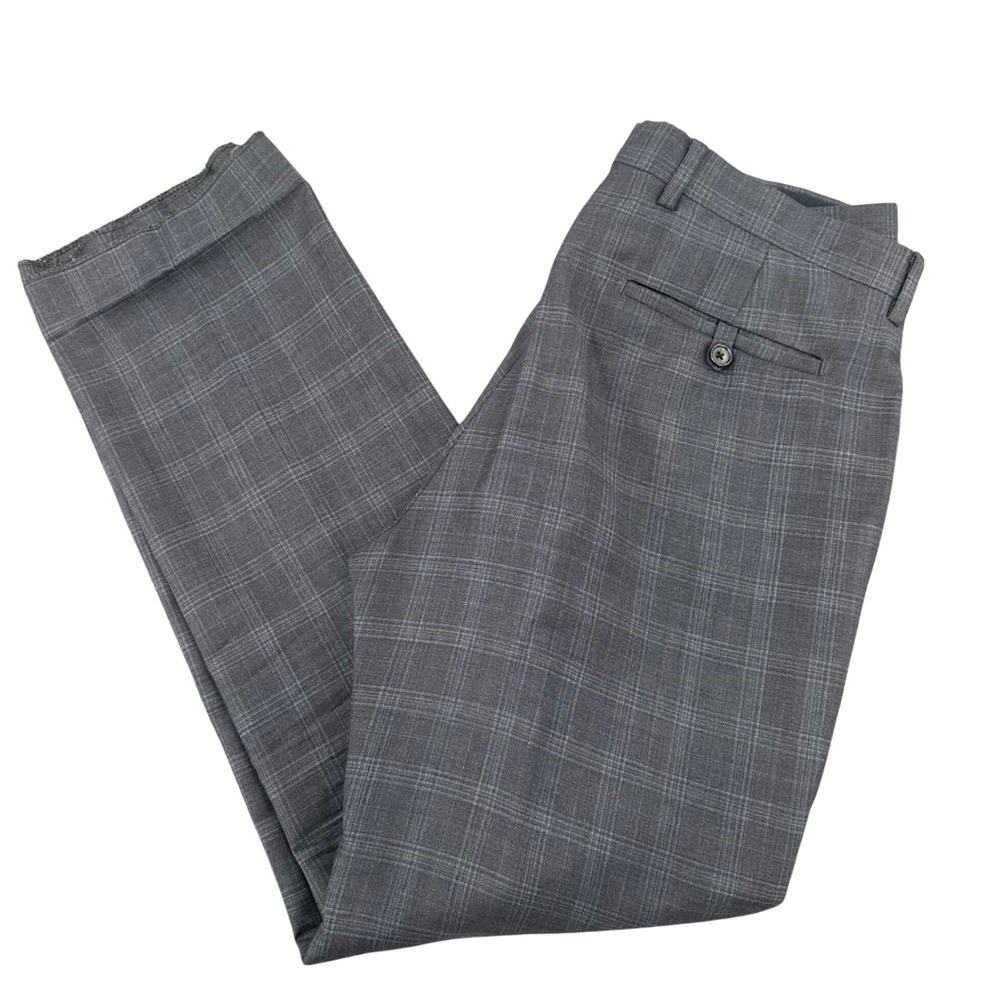 Banana Republic Tailored Slim Fit Uncuffed WOOL Gray Plaid Dress Pants 33x32